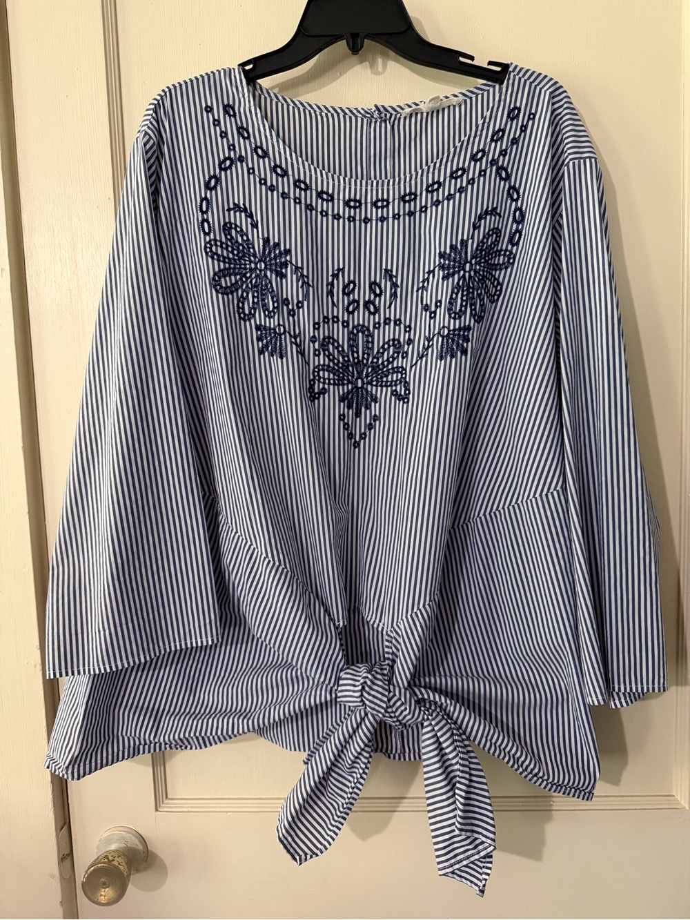 grand & greene Navy and White Striped Embroidered Tie-Front Top